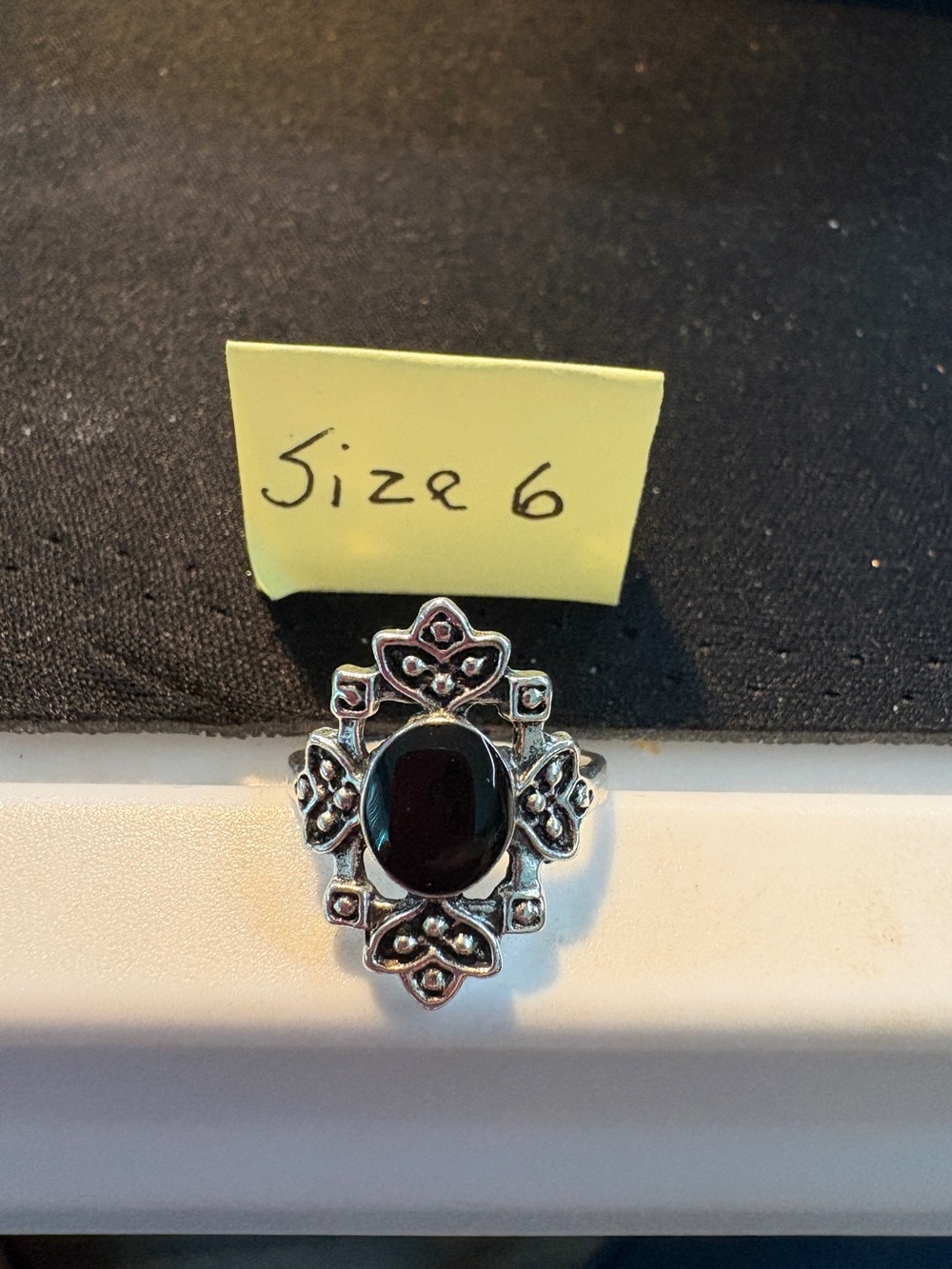 Sterling-Style Silver Ring with Black Oval Stone - Size 6